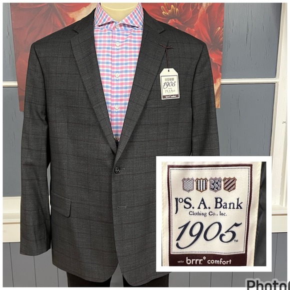 Jos A Bank Suit Top Jacket Mens 50R Slim Fit Wool Stretch Dark Gray/Dark Red